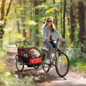 Remolque de bicicleta para niños 2 en 1 con cinturón de seguridad de 5 puntos reflectores bandera y cortina cortavientos Rojo
