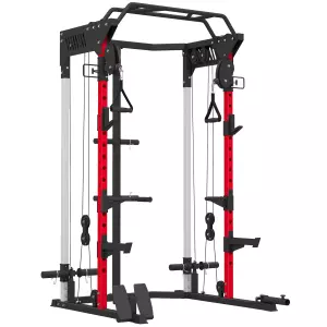 Jaula de Potencia Smith Machine, Rack para Sentadillas con Sistema Polea Ajustable Barra Dominadas y Estación de Fondos