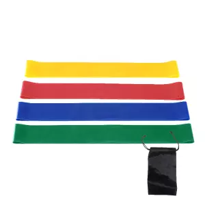 Set 4 bandas elásticas planas 25 cm: Light (amarillo). Medio (rojo). Fuerte (azul). X-Fuerte (verde)