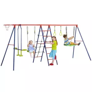 Juego de Columpios de Jardín de Metal 6 en 1 para Niños de 3-12 Años con Canasta Escalera y Anillas 435x135x177 cm Azul