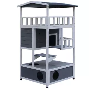 Caseta para Gatos de Madera de Abeto con Gran Espacio de 4 Pisos y Centro de Actividades 78x76x140cm