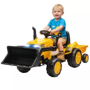 Tractor Eléctrico para Niños con Remolque Desmontable y Pala Batería 12V Motor Doble Control Remoto 2,4G Luces Música