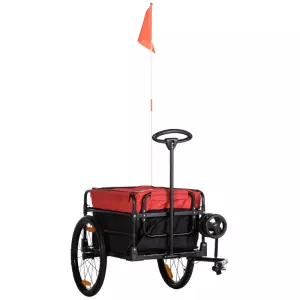 Remolque de Bicicleta para Carga 40 kg Carro de Mano con Bandera Mango de Empuje Desmontable Marco de Acero y Reflectores 130x64x103 cm Negro y Rojo