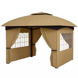Cenador de Jardín 3,4x3,4 m Gazebo con Protección UV Ventanas de Estilo Iglesia Cortinas y Techo Ventilado Beige