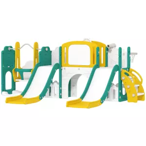 Conjunto de 9 en 1 de toboganes y columpios para niños pequeños, con aro de baloncesto, telescopio, pizarra, diseño de rana, Amarillo+Verde