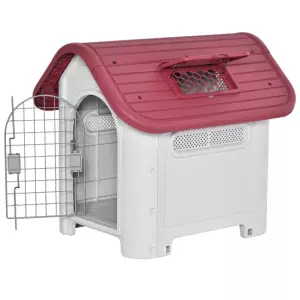 Caseta para Perro con Puerta Extraíble Base Elevada 3 Respiraderos y Ventana Abrible Caseta de Perros para Interior y Exterior 59x75x66 cm Gris Rojo
