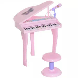 Piano Infantil 37 Teclas Teclado Electrónico Juego de Piano con Micrófono Taburete Luces y 22 Canciones USB/MP3 Karaoke Modo de Enseñanza Rosa/NEGRO
