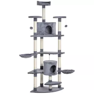 Rascador para Gatos Grande 60x60x200 cm con 2 Cuevas 2 Hamacas Cama Múltiples Plataformas Postes Rascadores de Sisal Natural y Bolas de Juguete Gris
