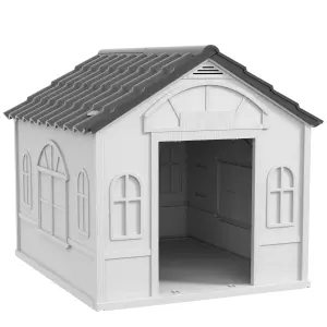 Casa para Perros 84,2x98,2x82 cm con Patrón de Ventana y Techo de Tejas de Imitación para Perros Grandes Gris y Blanco
