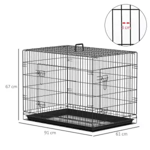 Transportín de Perro de 2 Puertas Jaula de Alambre para Perros Plegable con Asa Acero 91x61x67 cm Negro