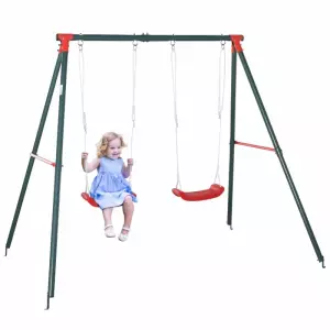 Columpio Doble para Niños +3 Años con Soporte de Metal Juego de Columpio Infantil Cuerda Ajustable Exteriores Carga Máx. 40kg 220x160x180cm Verde Rojo