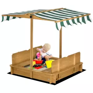Arenero Infantil con Toldo Ajustable en Altura 2 Bancos y Respaldos Desmontables para Patio 106x106x115 cm Natural
