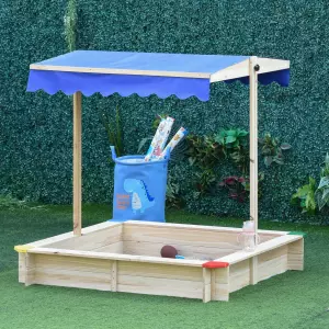 Arenero de Madera para Niños con Techo Cajón de Arena Toldo Ajustable Espacioso 120x120x120 cm para Jardín Exterior al Aire Libre Color Madera Natural
