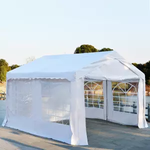 Carpa Pabellón de Jardín 400x400x280cm para Cochera Camping Fiesta y Boda con 4 Ventanas y 2 Puertas Color Blanco