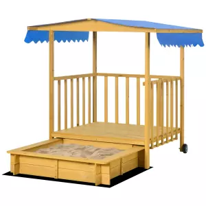 Arenero para Niños Veranda de Madera con Techo y Ruedas Juego para Niños de 3-8 Años para Jardín 133x129x137,5cm Natural
