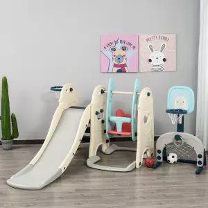 Parque Infantil 5 en 1 Tobogán y Columpio 2 Canastas Baloncesto y Portería Fútbol para Niños de +1 Año Interior y Exterior 220x225x110 cm Multicolor