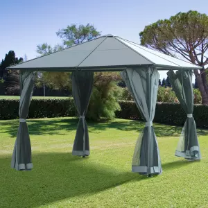 Cenador 3x3 m con Techo de Policarbonato 4 Cortinas Laterales y 4 Mosquiteras con Cremalleras Marco de Metal Exteriores Fiestas Multicolor