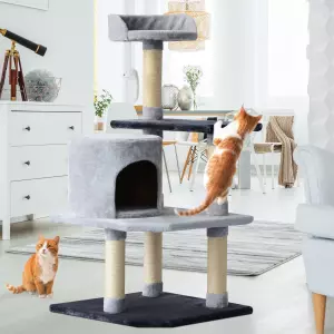 Árbol para gatos Rascador Grande con Plataformas Casetas Ratón de Juego 48x48x100 cm Cubierto de Felpa Gris