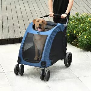 Cochecito para Mascotas Carrito para Perro Gatos Plegable 4 Ventanas Transporables Buena Ventilación Puerta Grande 98x82x110cm Azul