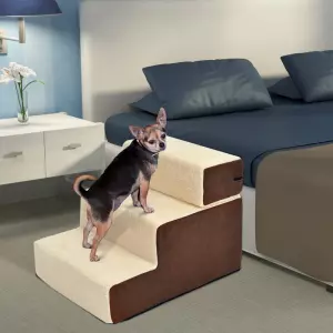 Escalera para Mascotas Perros Gatos de 3 Peldaños Desmontable y Funda Extraíble Portátil Carga 15 kg 54x40x39 cm Marrón y Beige