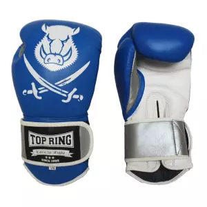 GUANTE BOXEO PIEL DELUXE AZUL/BLANCO/PLATA "PIRATA"