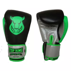GUANTE BOXEO PIEL NEGRO/VERDE FLÚOR TOP RING