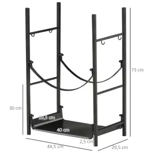 Estante para Leña de 2 Niveles Leñero Exterior e Interior Metálico con 4 Herramientas para Chimenea Carga Máx.70 kg 44,5x29,5x73 cm Negro