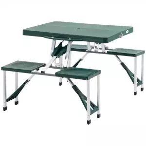 Mesa Maleta de Camping Plegable Portátil 4 Asientos y Agujero Sombrilla Estructura Aluminio Playa Picnic 135.5x84.5x66cm (Verde)