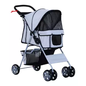 Cochecito Plegable Mascotas Perros Gatos Carrito Ruedas Giran 360 Grados Gris 75x45x97cm