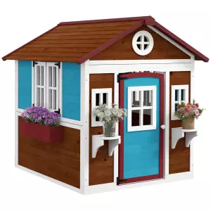 Casita de Madera Infantil con Puerta Ventanas Jardineras y Repisas con Detalles de Color 114x126,4x135 cm Marrón Oscuro