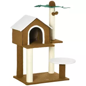 Árbol Rascador para Gatos con Caseta Plataformas Poste en Forma de Palmera y Bolas Colgantes 55x40x89 cm Marrón
