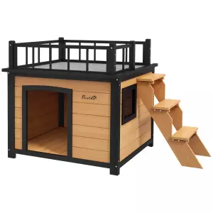 Caseta para perros con terraza en el techo, resistente a la intemperie, de madera, 121x77x78 cm, Negro/Amarillo
