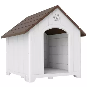 Caseta para Perros Exterior Casa para Perros Extragrandes de Plástico con 2 Ventanas Base Elevada Estacas Marrón Oscuro