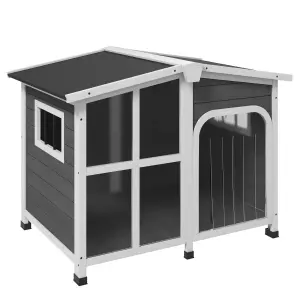 Caseta de Madera para Perros con Techo Abatible Frontal Acrílico y Puerta con Cortina 101x66,5x70,5cm Gris Oscuro