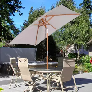 Sombrilla Parasol 200x150cm de Bambú Madera para Jardín Terraza Patio Playa Doble Techo Ángulo Inclinable Rectángulo Mástil de 38mm
