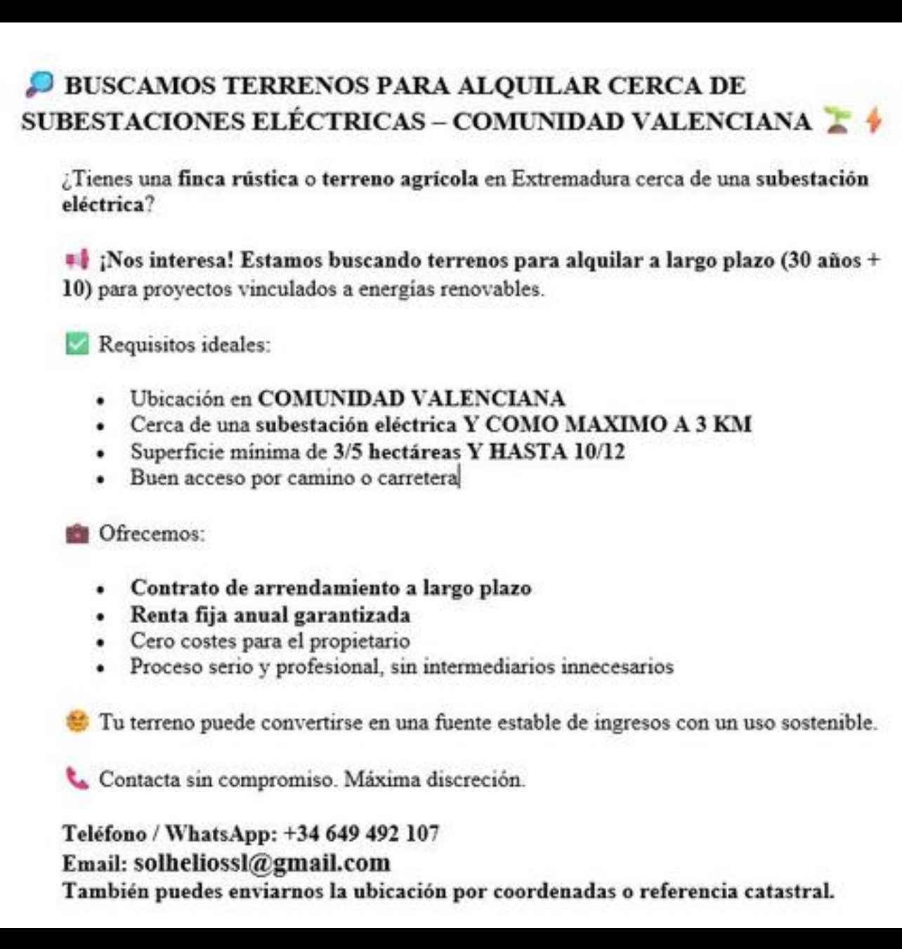 BUSCO TERRENOS PARA ALQUILAR CERCA DE SUBESTACIONES ELÉCTRICAS CDAD VALENCIANA