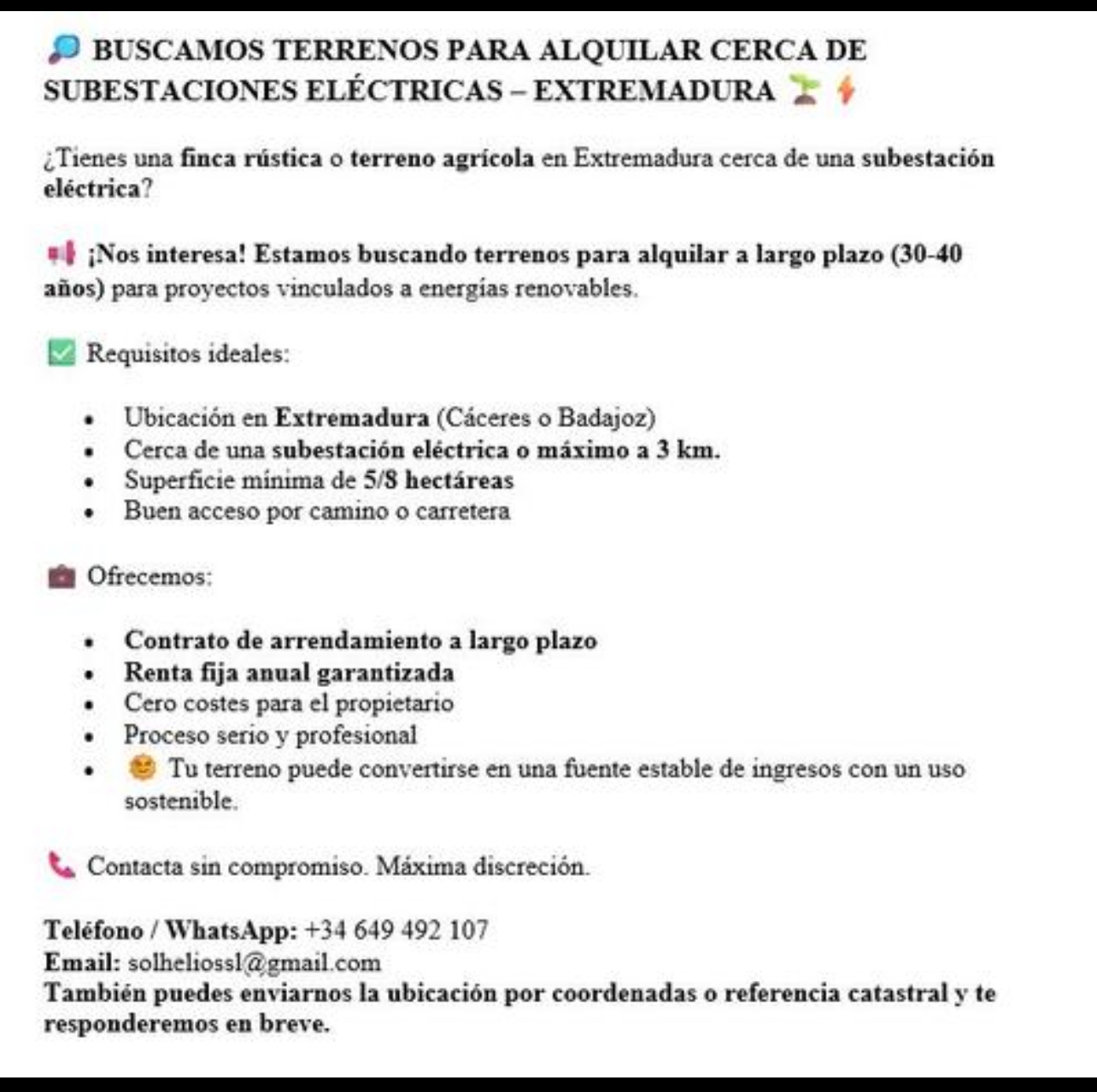 ALQUILO TERRENOCERCA DE SUBESTACIONES ELÉCTRICAS EXTREMADURA